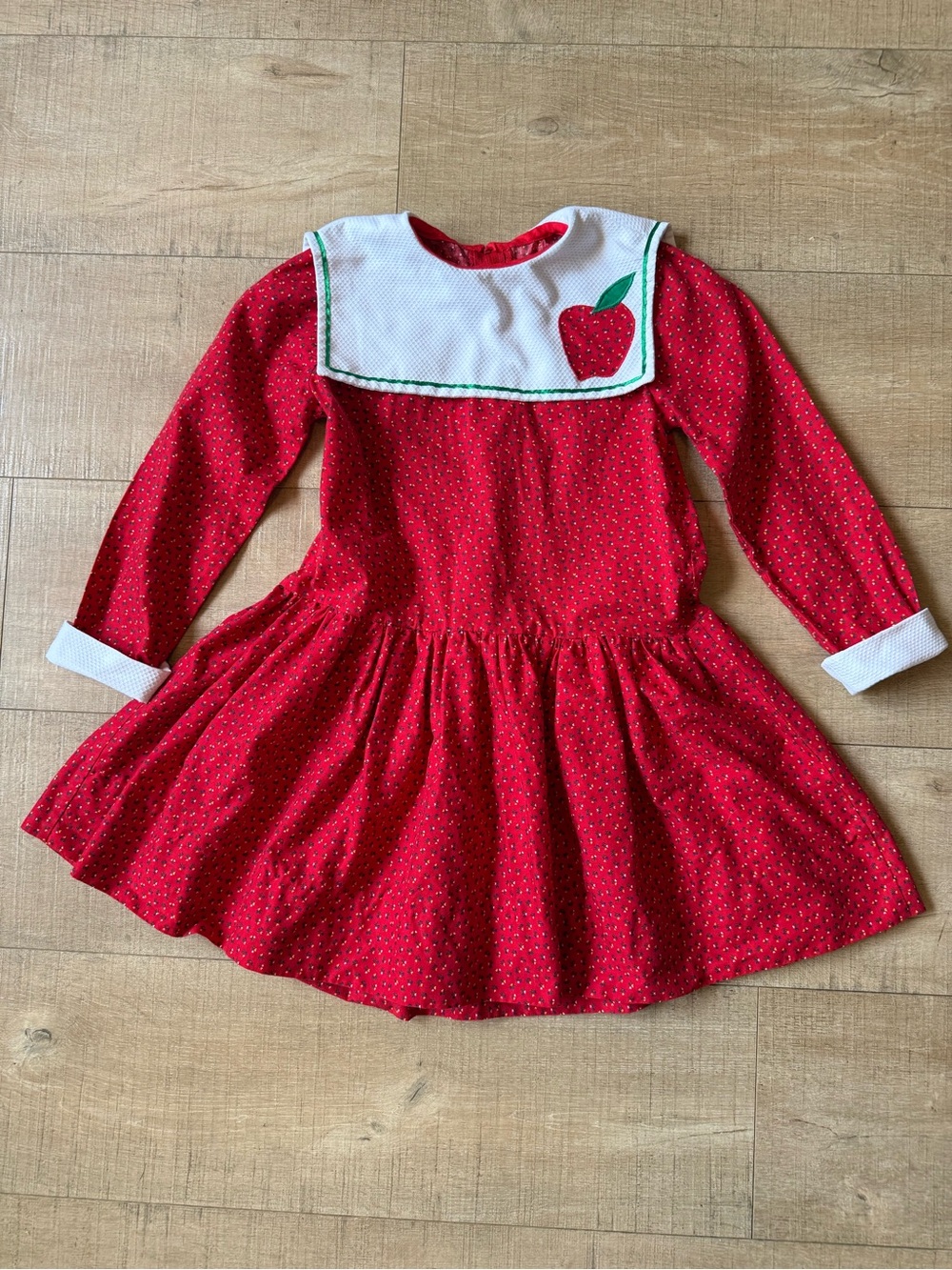 VTG 70s/80s Red Calico Dress Sailor Bib Collar Apple Applique Estimated 5 6 7